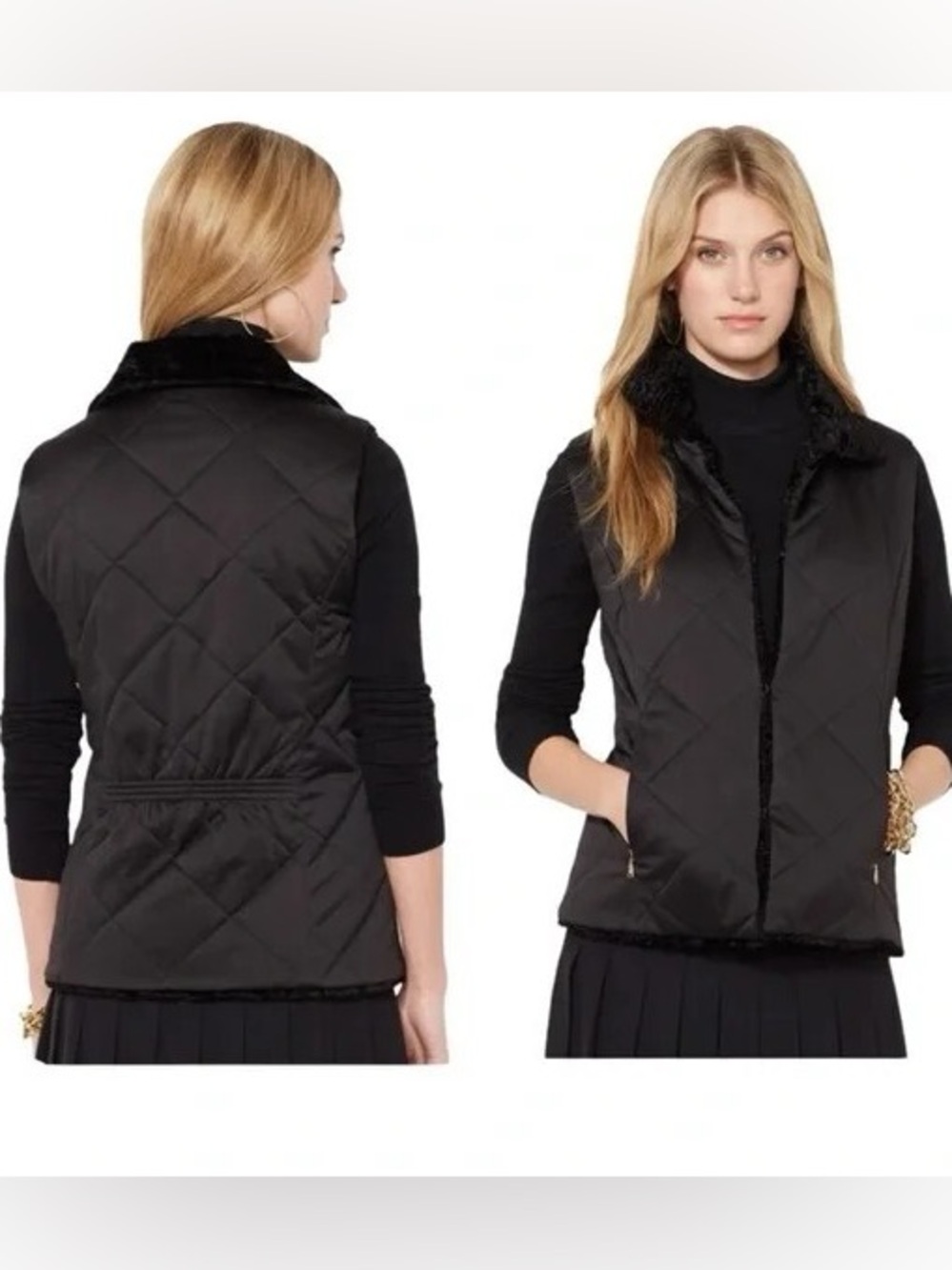 Lauren Ralph Lauren Quilted Faux Fur Vest Jacket Reversible Black Medium M